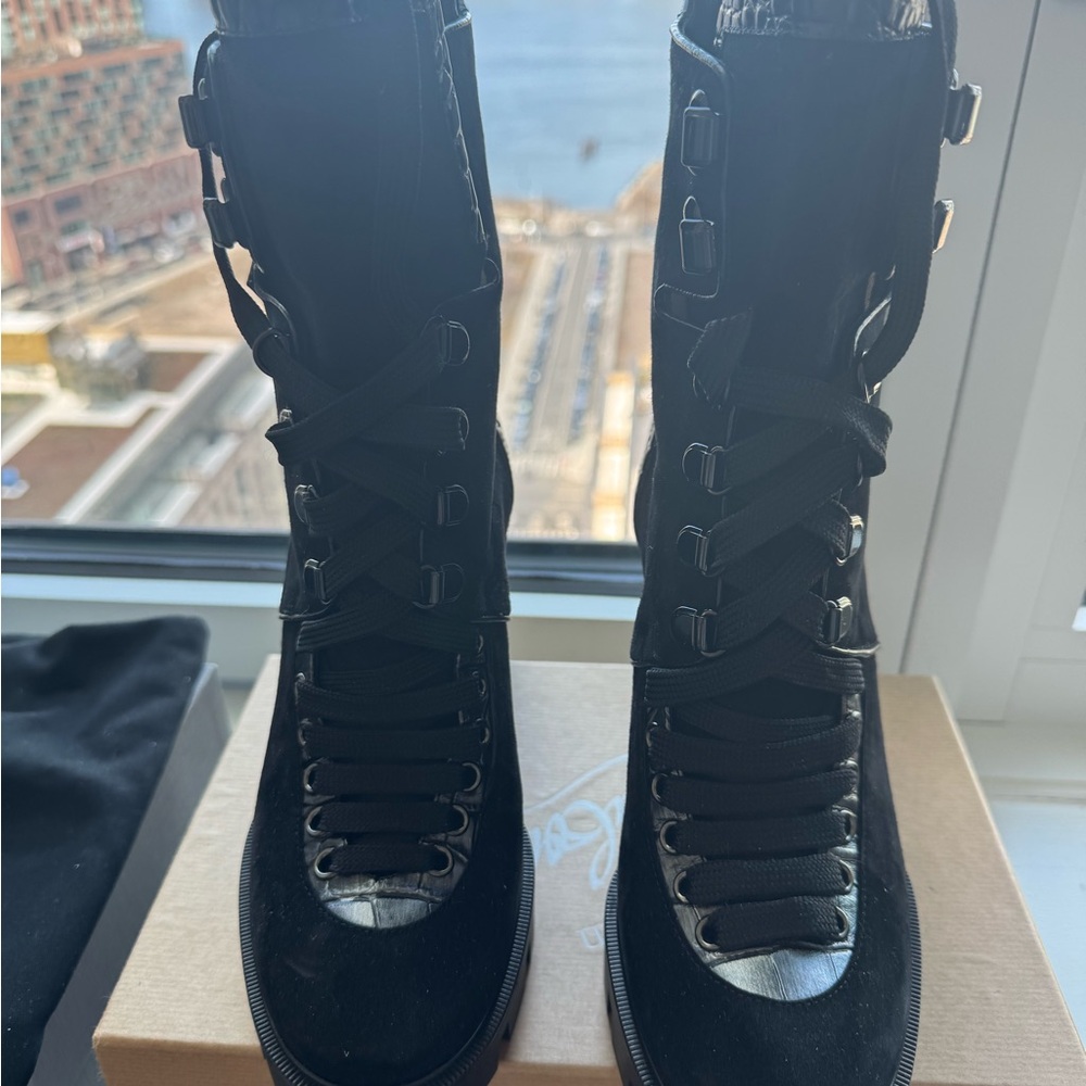 Christian Louboutin Black Suede Lace-Up Lug Heel Ankle Boots - Picture 2 of 8